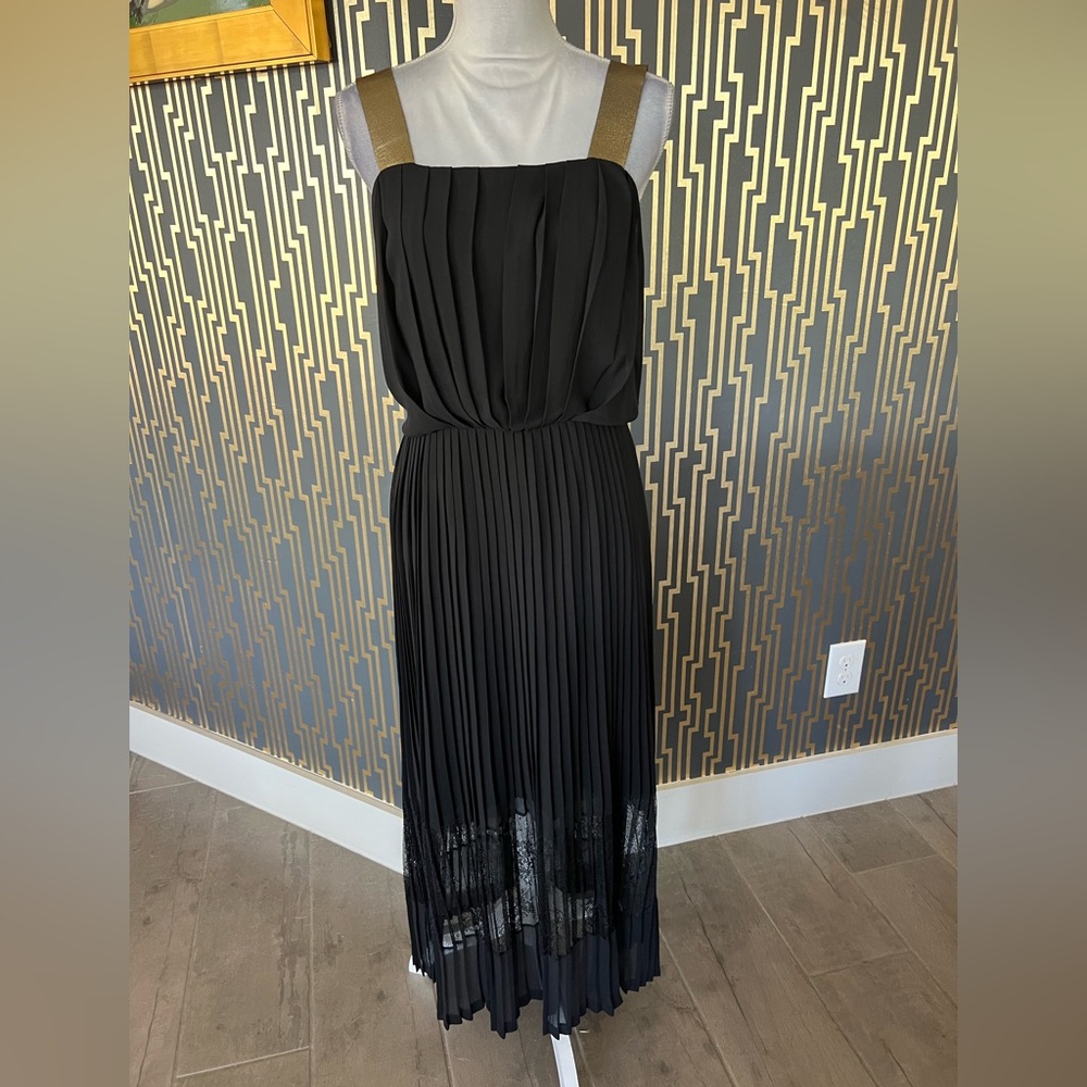 Sandro Black Pleated Dress with Gold Straps Size 6 M